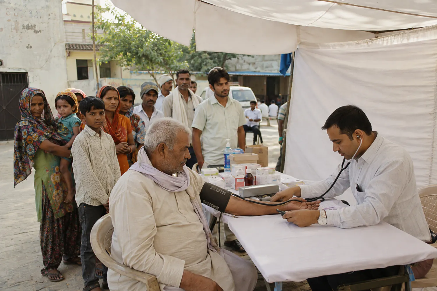 Illustration: a doctor checking an older man's blood pressure at an outdoor medical camp