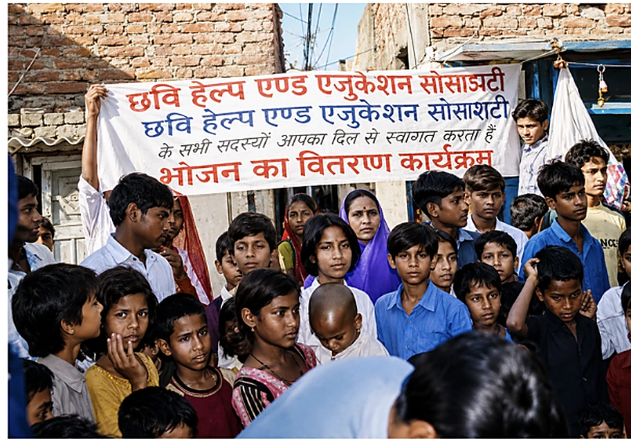 A crowd of children and families at a CHES food distribution programme